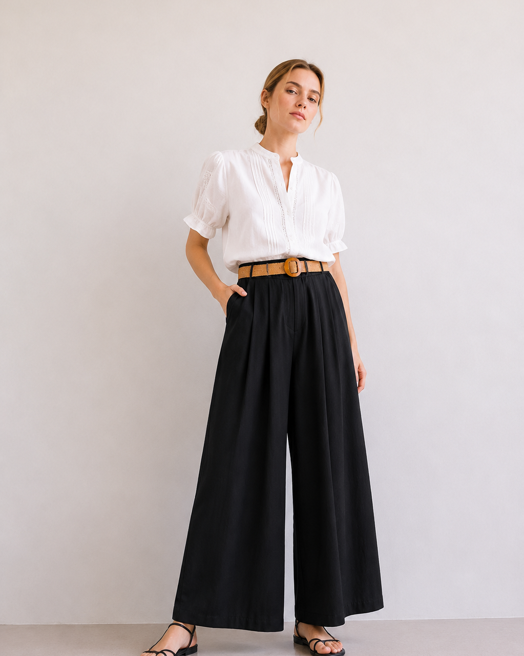PANTALÓN CON CINTURÓN RAFIA