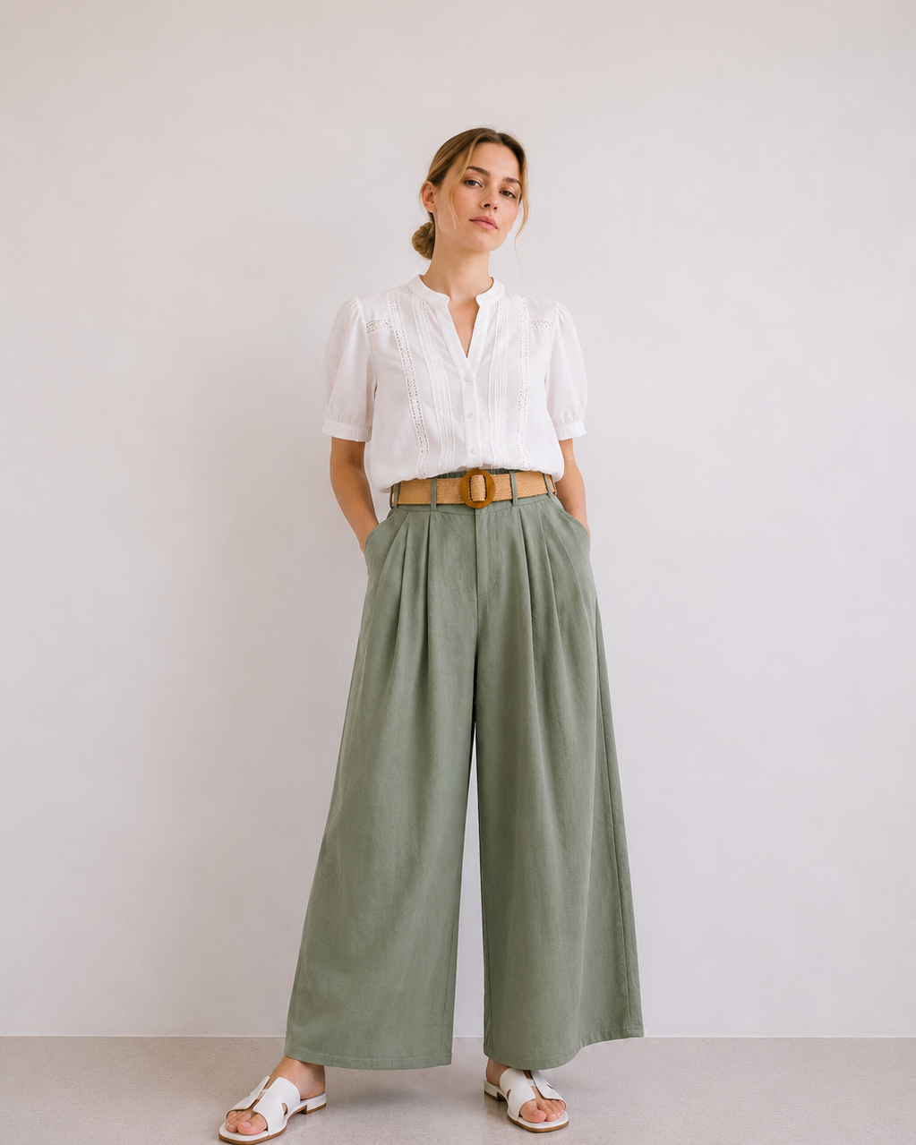 PANTALÓN CON CINTURÓN RAFIA