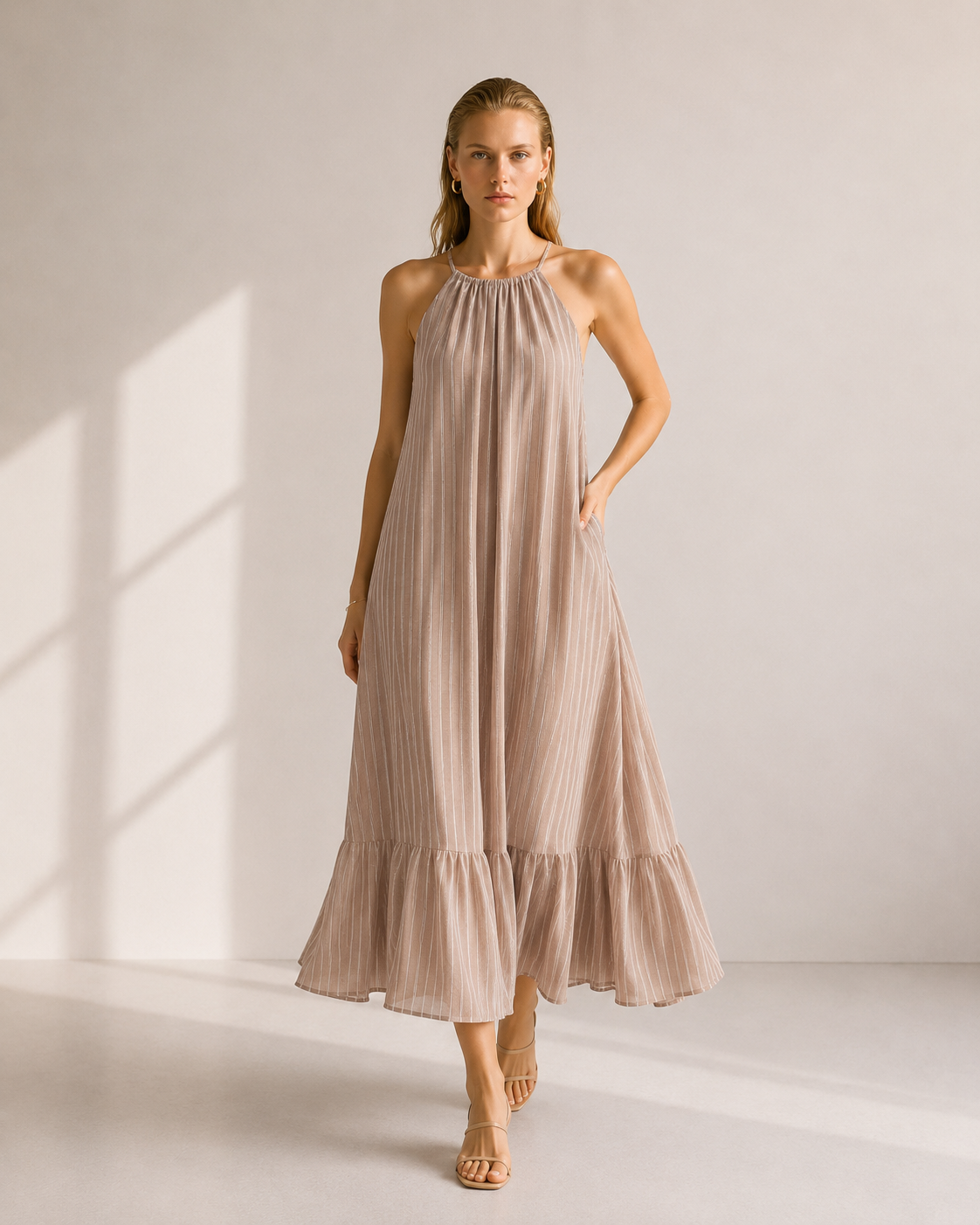 VESTIDO HALTER VOLANTE RAYAS