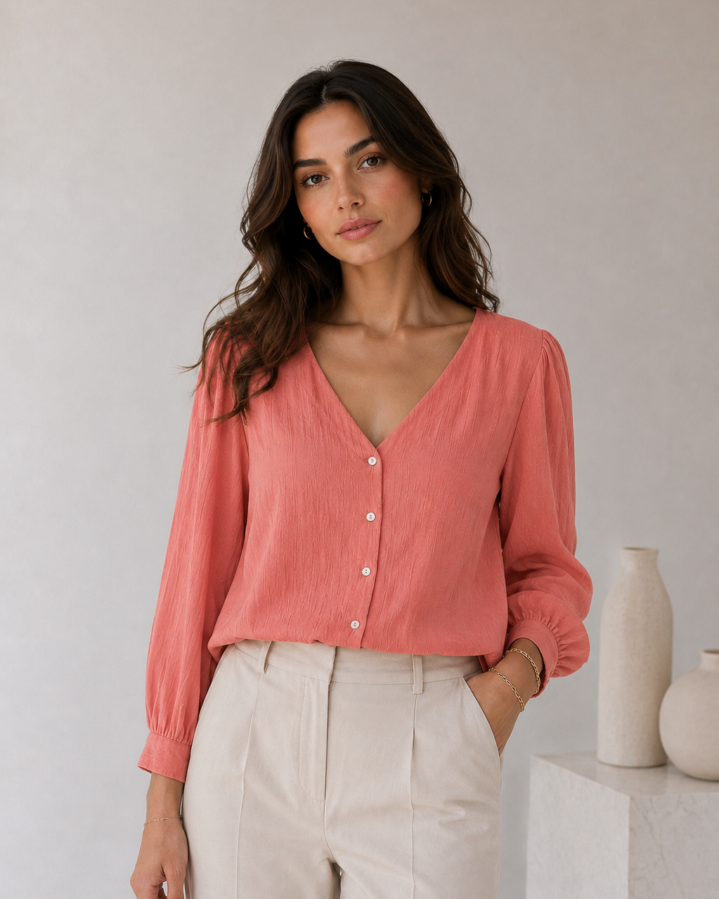 BLUSA EN CUELLO V TEXTURA