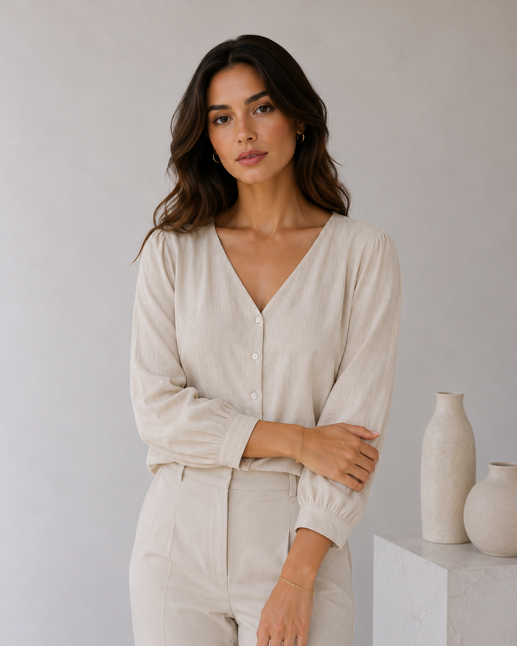 BLUSA EN CUELLO V TEXTURA